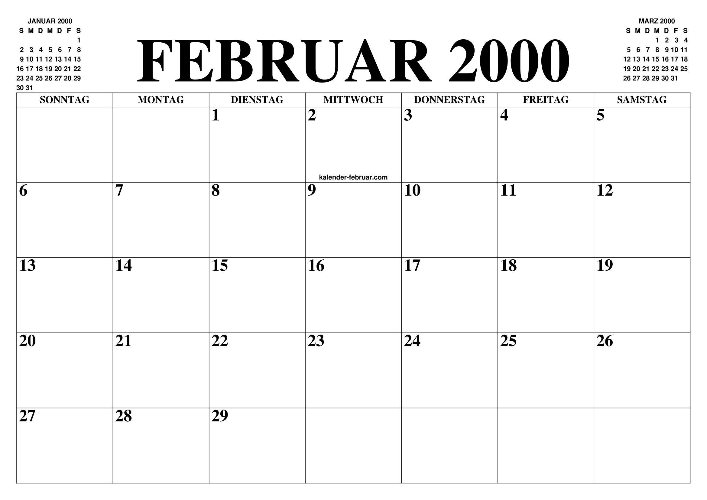 KALENDER FEBRUAR 2000 : FEBRUAR KALENDER ZUM AUSDRUCKEN GRATIS MONAT UND JAHR AGENDA